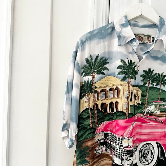 Tori Richards Vintage Hawaii Front Back Graphic Pink Cadillac Convertible Shirt - Picture 3 of 11